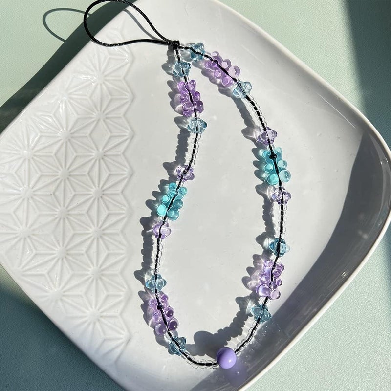 WCCH Beaded Phone Charm Y2K Kawaii Handmade Acrylic Phone Lanyard Wrist Strap for Camera Bag Airpods Keychain Charm Blue and Purple Small Bear - Image 2